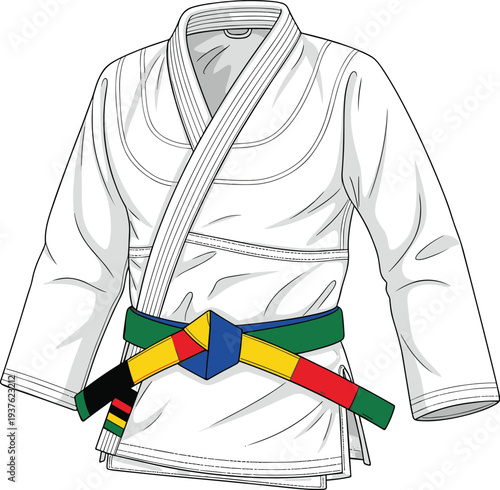 Martial Arts Gi Uniform with Colored Belt Vector Illustration for Karate Taekwondo Judo Training Sports Equipment and Combat Discipline Design