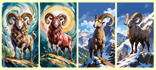Majestic ram in mountain landscape, Aries zodiac and Earth Goat shio wildlife art.