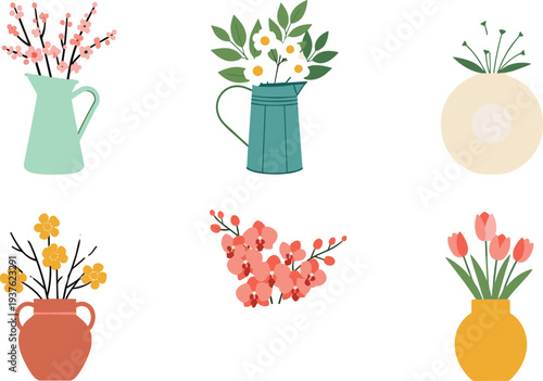 Decorative Flower Vase Vector Set with Tulips Blossoms and Floral Arrangements in Modern Pots for Home Interior Decoration and Botanical Design