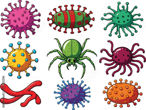 Colorful cartoon microbes, viruses, and bacteria characters with exaggerated features, fun educational germs illustration for microbiology learning, science teaching, and children’s health 