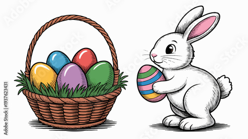 Easter bunny holding colorful egg next to wicker basket filled with grass and vibrant eggs on white background
