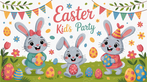 Three happy cartoon bunnies wearing colorful outfits celebrate easter kids party with eggs and decorations on green grass
