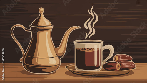 Steaming cup of coffee with cinnamon sticks and teapot on wooden table warm lighting cozy atmosphere still life