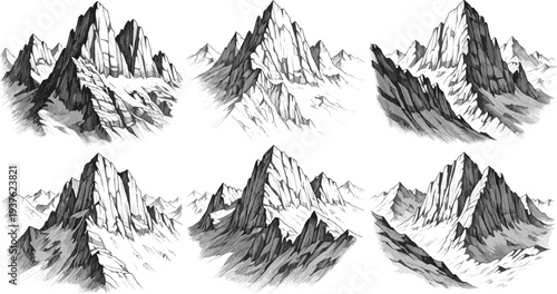 Hand Drawn Mountain Landscape Vector Set with Rocky Peaks Snowy Alps and Nature Wilderness Sketch Illustration Collection for Adventure Travel Design