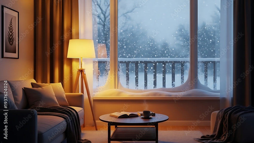 Fototapeta premium Cozy Living Room with Snowfall View from Window.