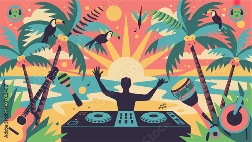 Man djing on beach with palm trees guitars and toucans at colorful sunset party