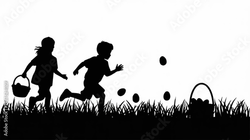 Children running in silhouette collecting easter eggs in a basket on grassy field