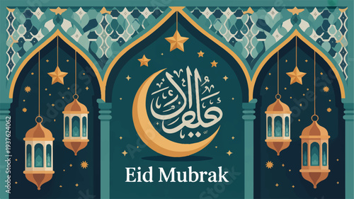 Eid mubarak islamic greeting card with crescent moon lanterns and arabic calligraphy at night
