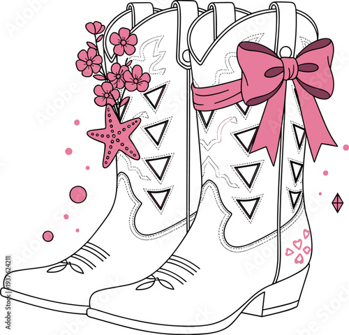 Stylish Western Cowgirl Boots with Bow and Floral Decoration Vector Illustration Fashion Footwear Design with Cute Country Style Elements