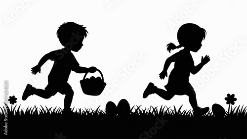 Two children running with easter eggs in a grassy field silhouetted against a white background symbolizing childhood joy and festive celebration