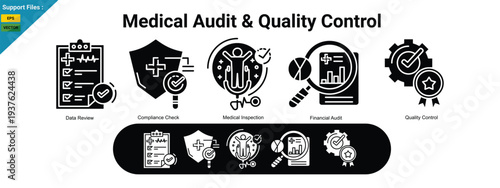 Medical Audit & Quality Control Icons, Healthcare Review, Compliance, and Data Analysis, glyph icons set