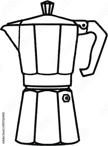 Coffee moka pot line art illustration for traditional espresso preparation featuring handle and lid on stove device
