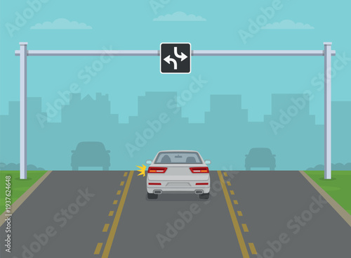 Traffic regulation rules and tips. Two-way left turn lane. Back view of a white car using center lane to make a left turn. Flat vector illustration template.