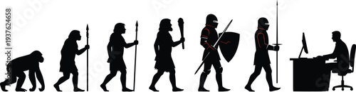 human evolution to office worker, modern technology lifestyle concept, evolution silhouette illustration, digital age transformation, work culture change