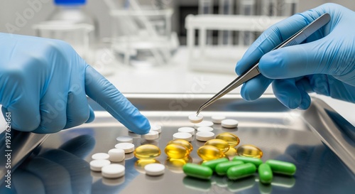 Detailed view of hands in blue sterile gloves sorting a variety of pharmaceutical medications and capsules on a tray.