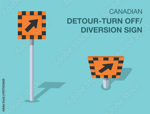 Traffic regulation rules. Isolated canadian "detour-turn off, diversion right" road sign. Front and top view. Flat vector illustration template.