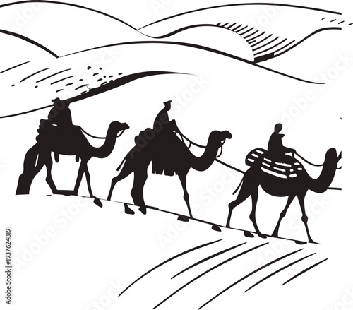 Caravan of camels with riders traversing desert dunes at daytime black silhouette stock vector