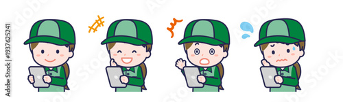 タブレットを使う「配達員」の女性