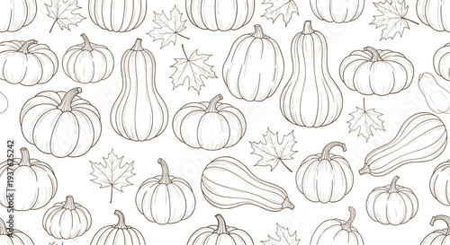 Hand Drawn Pumpkin and Autumn Leaves Seamless Pattern Vector Illustration with Gourds Squash and Fall Harvest Elements for Seasonal Background Design