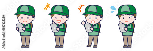 タブレットを使う「配達員」の女性