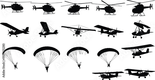 aircraft silhouette collection, helicopters airplanes parachutes set, aviation transport icons, military aircraft shapes, flying vehicle vector illustration pack