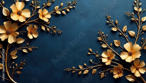Golden flowers and branches adorn a deep blue textured background. This elegant floral pattern offers luxury and decorative appeal for various design projects.