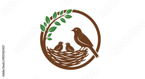 Birds in Nest with Leaves Illustration.