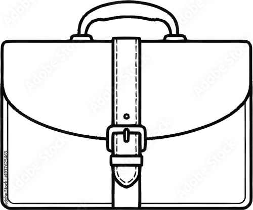 Minimalist outline drawing of a classic satchel with a central strap and buckle, simple school bag icon illustration