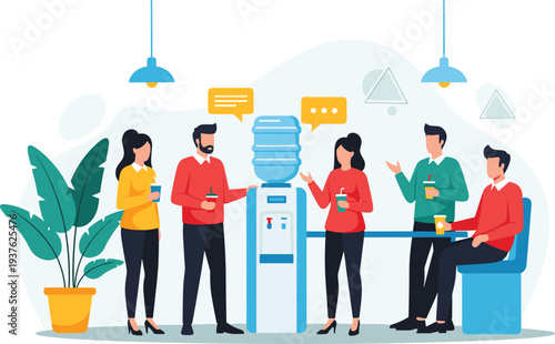 Office Coworkers Talking Near Water Cooler Vector Illustration with Business Team Coffee Break Conversation Workplace Communication and Corporate Lifestyle Scene