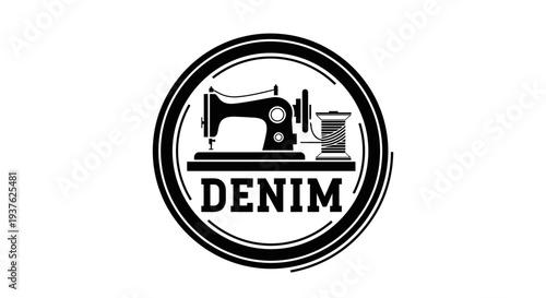 Black and White Denim Sewing Machine Logo.