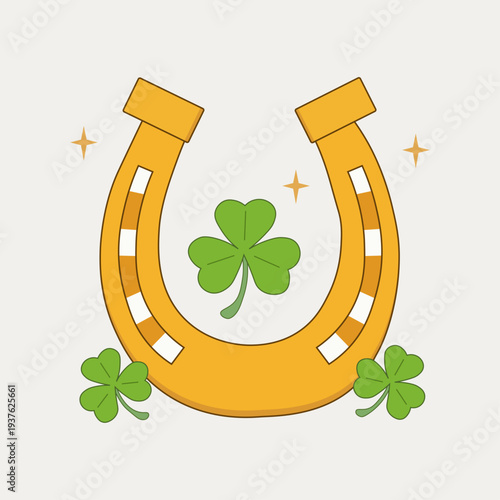 Gold Horseshoe with Green Three Leaf Clovers and Sparkles for Saint Patricks Day Luck