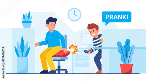 Man surprised by prank on office chair.