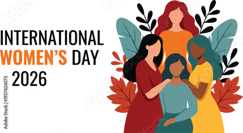 International Women’s Day 2026 banner with diverse women illustration, female empowerment and equality concept, modern flat design celebration poster