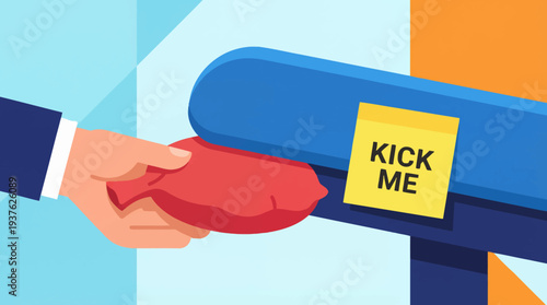 Hand holding red envelope near kick me sign.