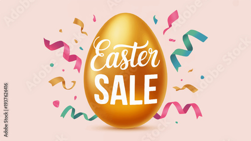 Golden easter egg with colorful confetti and sale text on pink background for holiday shopping promotions
