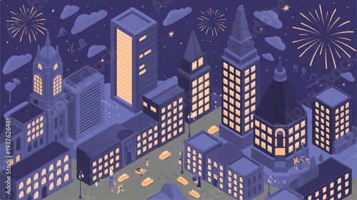 Cityscape at night with illuminated buildings and fireworks in the sky urban landscape