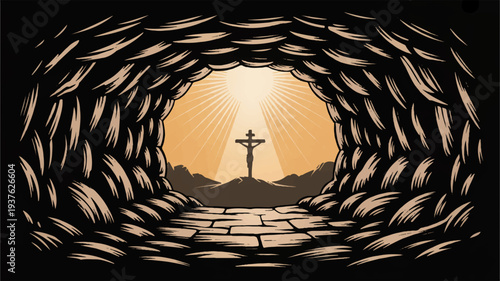 Symbolic tunnel with cross at sunrise representing hope and spirituality on a stone path