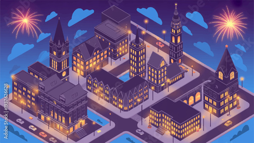Vibrant cityscape at night with illuminated buildings and festive lights in a stylized urban environment