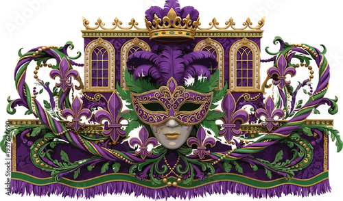 venetian carnival mask, purple gold masquerade design, ornate festival decoration, mardi gras theme, baroque ornament, fantasy carnival illustration
