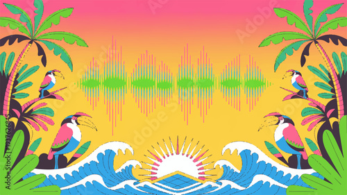 Tropical beach scene with toucans and palm trees against a vibrant sunset background with stylized ocean waves and colorful gradient sky