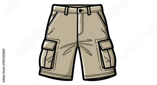 Illustration of Beige Cargo Shorts with Pockets.
