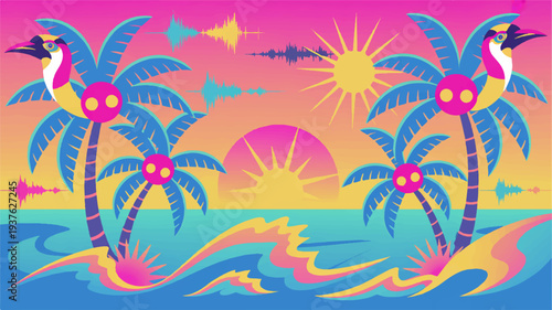 Vibrant tropical island scene with palm trees flamingos and a radiant sunset over the ocean evoking a serene and idyllic atmosphere with bright colors and playful illustrations