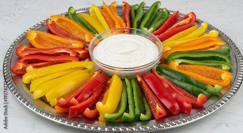 An array of different colored bell peppers (red, yellow, orange, green) cut into strips and arranged neatly on a silver platter for dipping.

