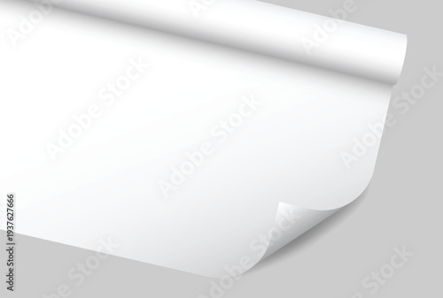 White gift wrapping paper mockup with rolled edge and curved corner isolated on background, clean paper texture for gift wrap design, packaging, branding, print, magazines, catalogs or newspapers.