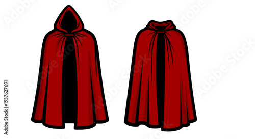 Red Cloak with Hood Front and Back View.