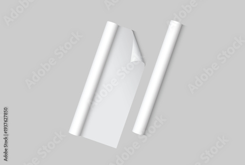 White gift wrapping paper mockup with rolled edge and curved corner isolated on background, clean paper texture for gift wrap design, packaging, branding, print, magazines, catalogs or newspapers.