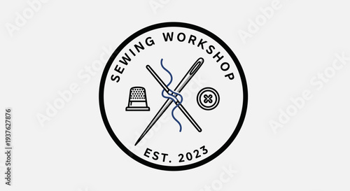 Sewing Workshop Logo with Scissors and Thread.