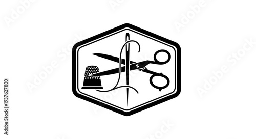 Sewing Tools Icon with Needle and Scissors.