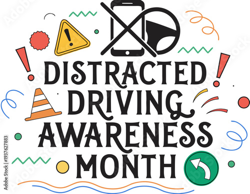 Foto DISTRACTED DRIVING AWARENESS MONTH vector illustration isolated on white backgro