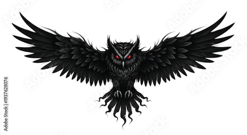 A menacing black owl with red eyes spreads its wings wide, showcasing sharp talons in a detailed illustration.